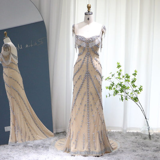 Elegant Crystal Tassel Nude Mermaid Evening Dresses SS358