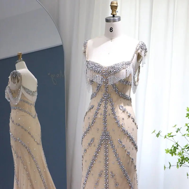 Luxury Crystal Tassel Nude Mermaid Evening Dress SS358