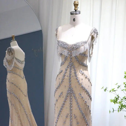 Luxury Crystal Tassel Nude Mermaid Evening Dress SS358