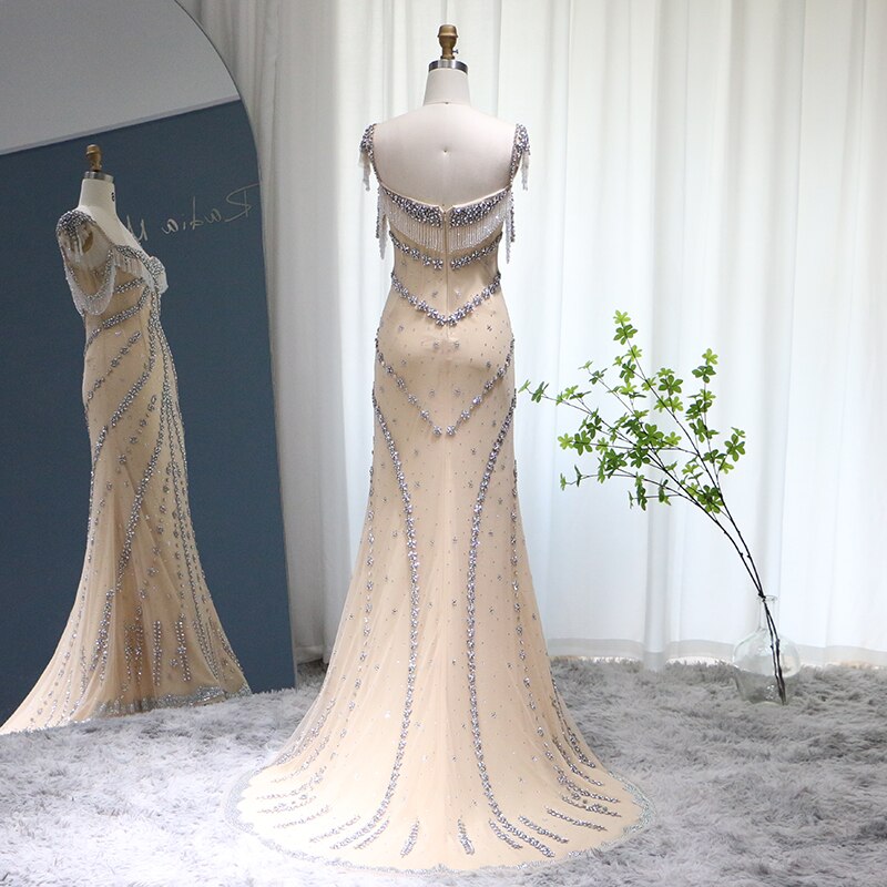 Elegant Crystal Tassel Nude Mermaid Evening Dresses SS358