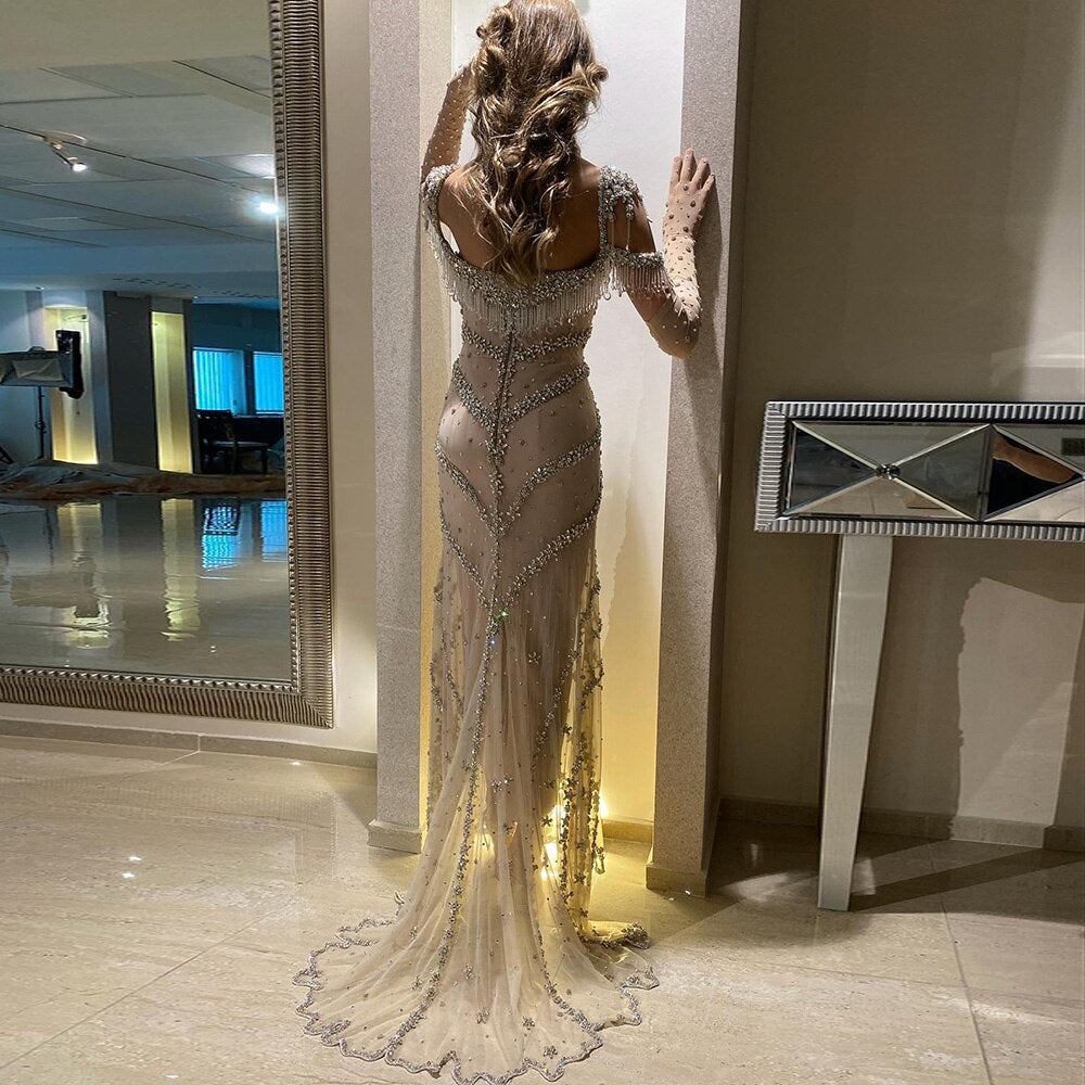 Elegant Crystal Tassel Nude Mermaid Evening Dresses SS358