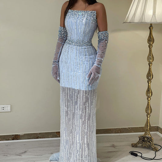 Elegant Light Blue Pearls Strapless Evening Dresses SS395