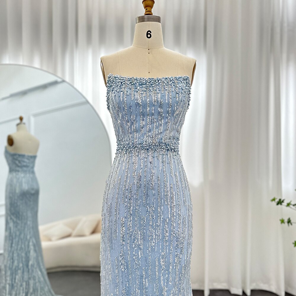 Elegant Light Blue Pearls Strapless Evening Dresses SS395