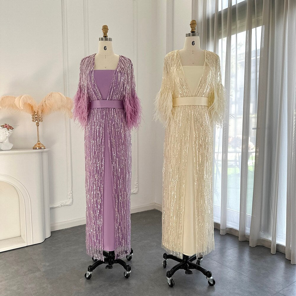 Elegant Yellow Feathers 2 Piece Evening Dress SS430