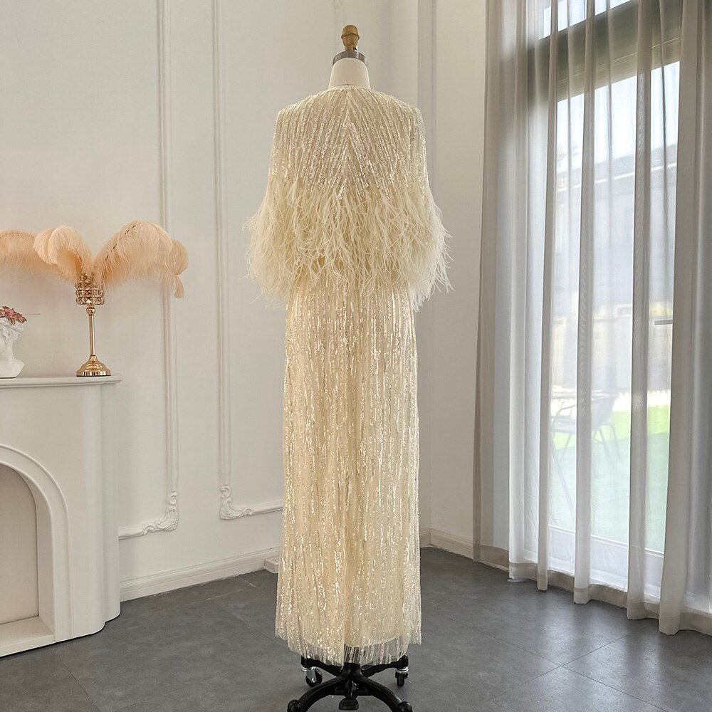 Elegant Yellow Feathers 2 Piece Evening Dress SS430