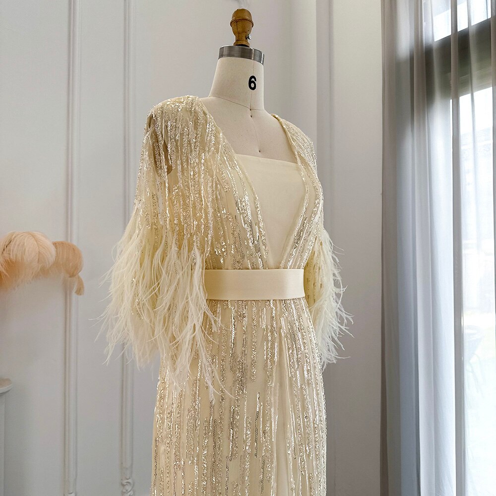 Elegant Yellow Feathers 2 Piece Evening Dress SS430