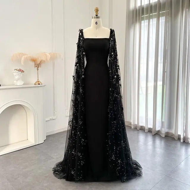 Luxury 3D Flowers Black Evening Dress with Cape Sleeves SS479