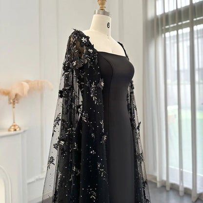 Luxury 3D Flowers Black Evening Dress with Cape Sleeves SS479