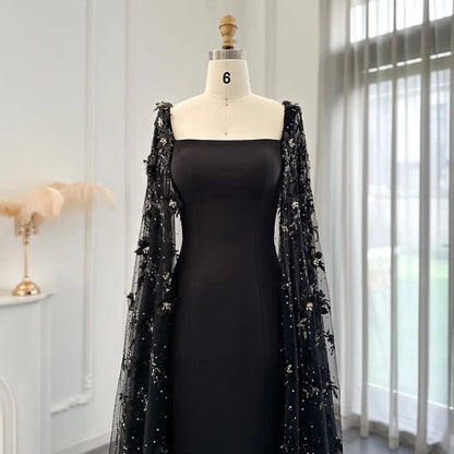 Luxury 3D Flowers Black Evening Dress with Cape Sleeves SS479