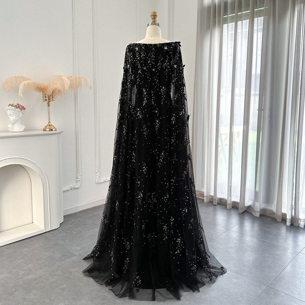 Luxury 3D Flowers Black Evening Dress with Cape SS479