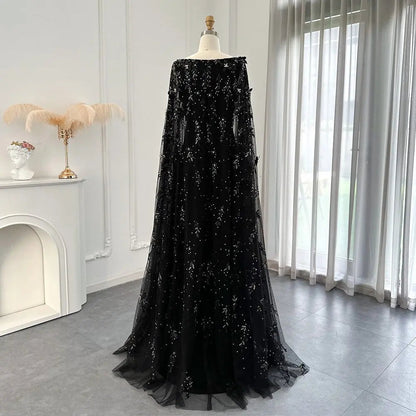 Luxury 3D Flowers Black Evening Dress with Cape Sleeves SS479