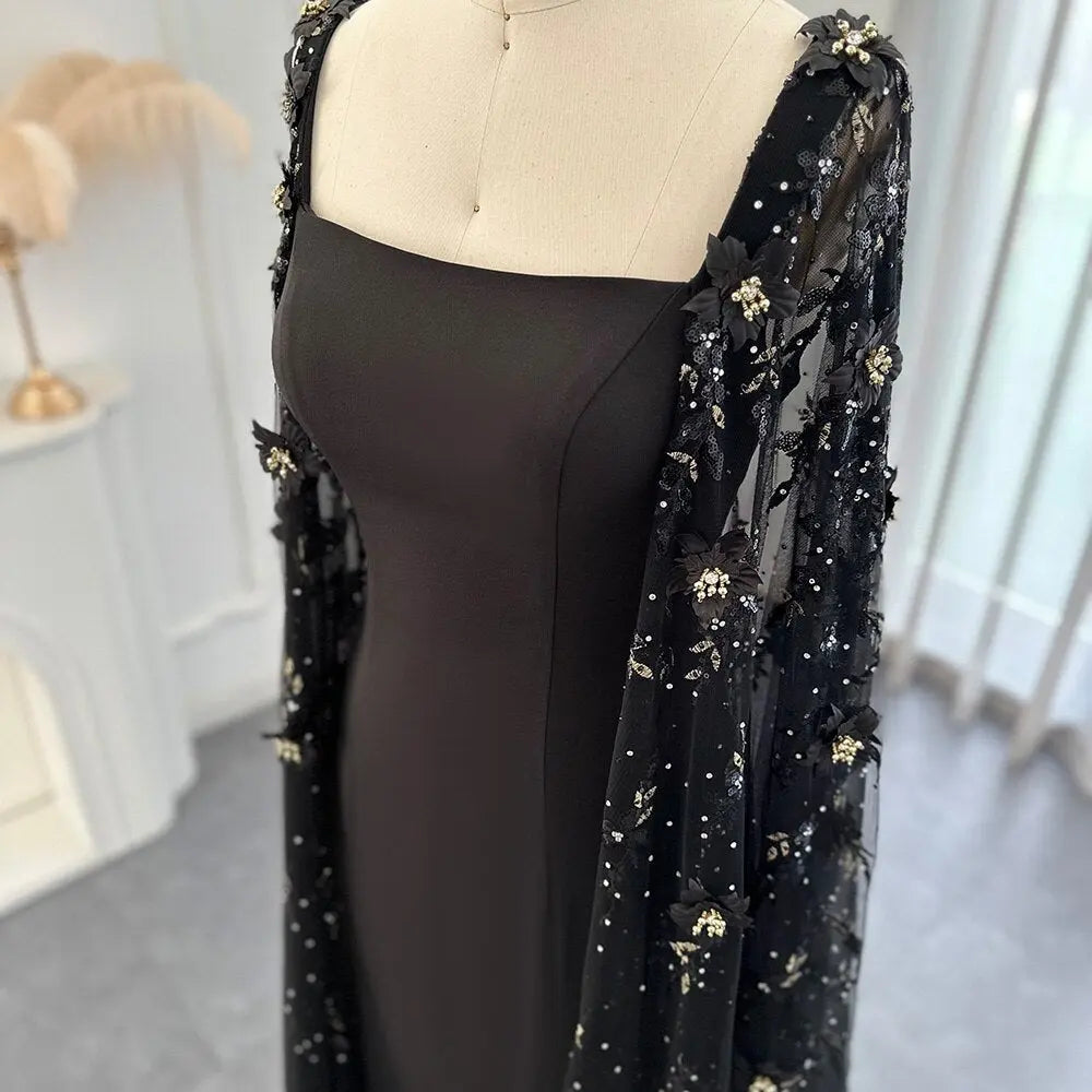 Luxury 3D Flowers Black Evening Dress with Cape Sleeves SS479