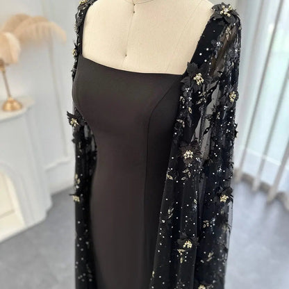 Luxury 3D Flowers Black Evening Dress with Cape Sleeves SS479
