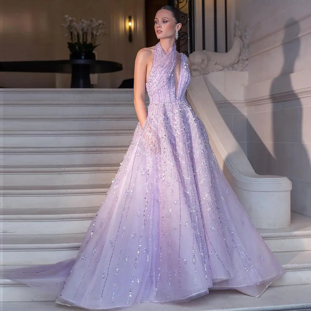 Luxury Beaded Lilac Halter One Shoulder Evening Dress SS329
