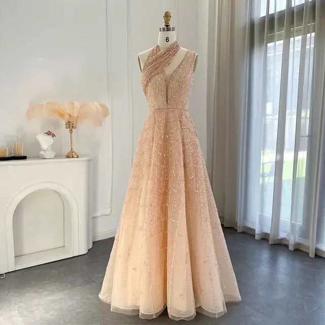 Luxury Beaded Lilac Halter One Shoulder Evening Dress SS329