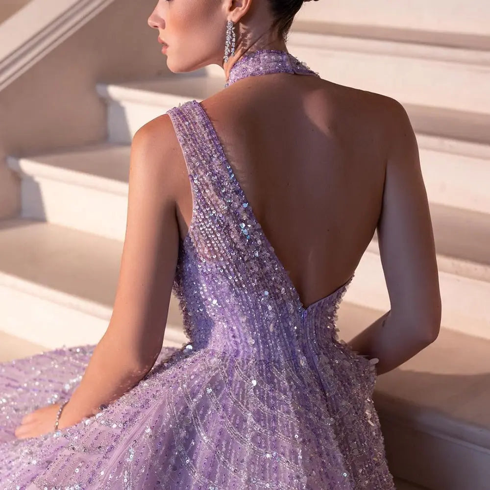 Luxury Beaded Lilac Halter One Shoulder Evening Dress SS329