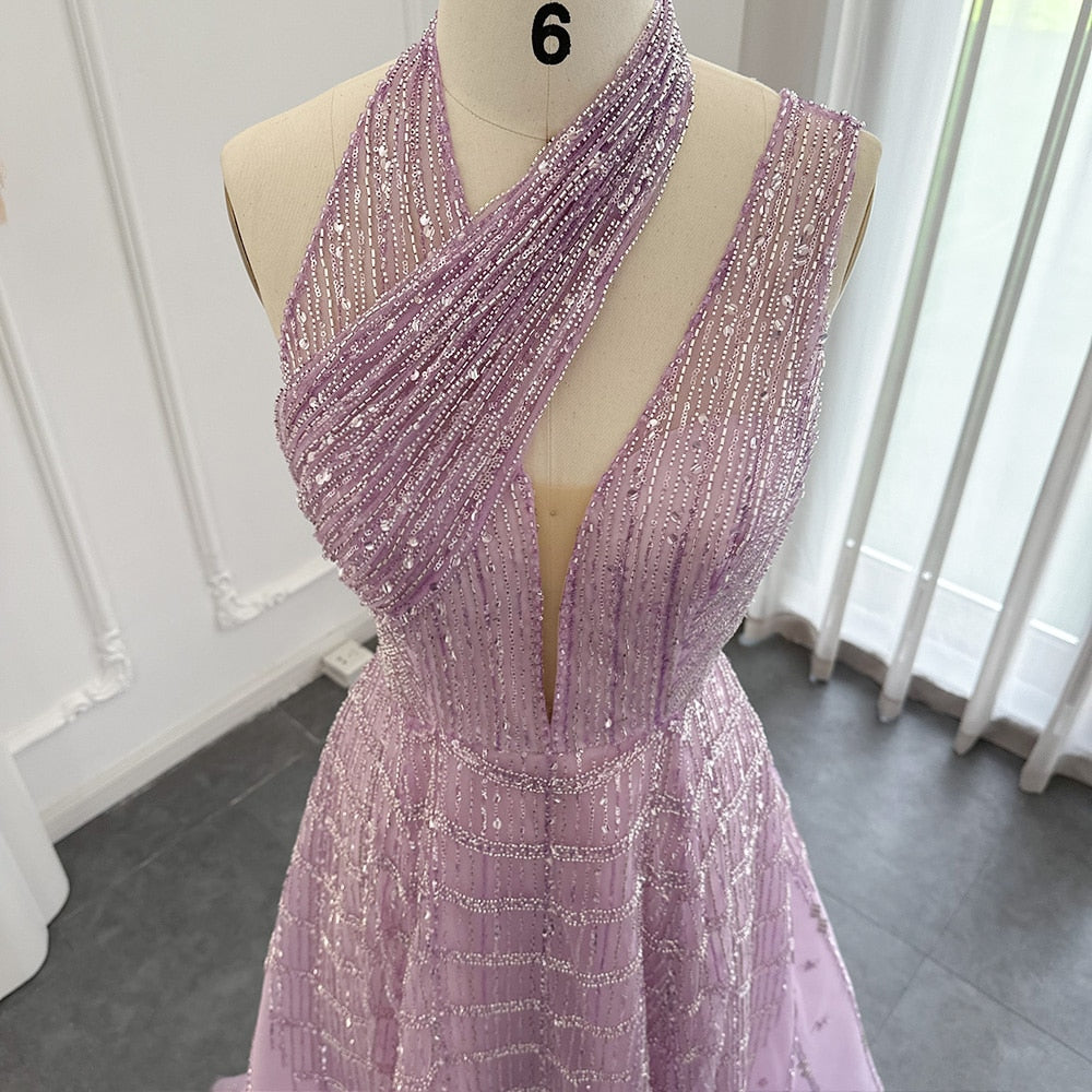 Luxury Beaded Lilac A-Line Long Evening Dress SS329