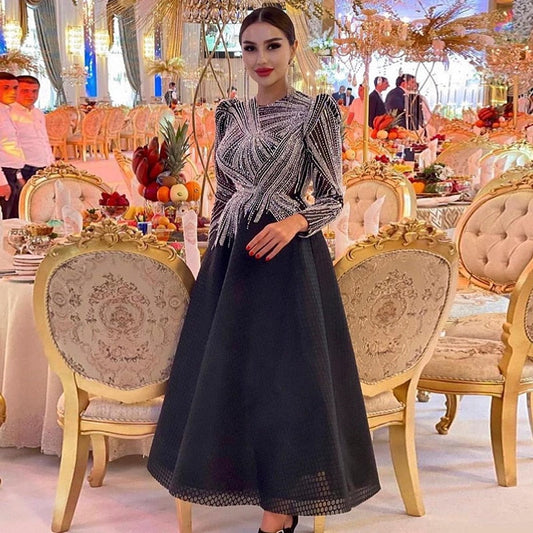 Luxury Black Long Sleeve A-Line Short Evening Dress SS212
