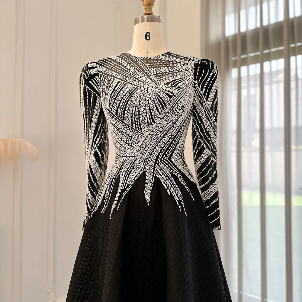 Luxury Black Short Muslim Long Sleeves Evening Dress SS212