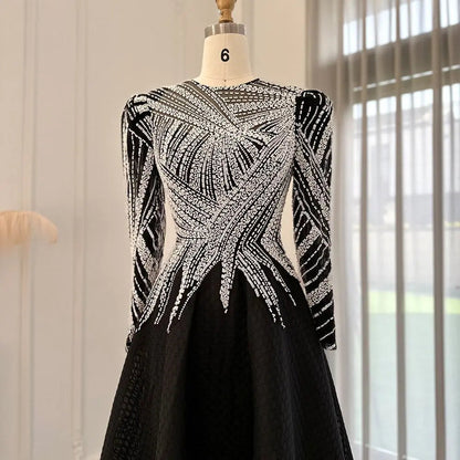 Luxury Black Short Muslim Long Sleeves Evening Dress SS212