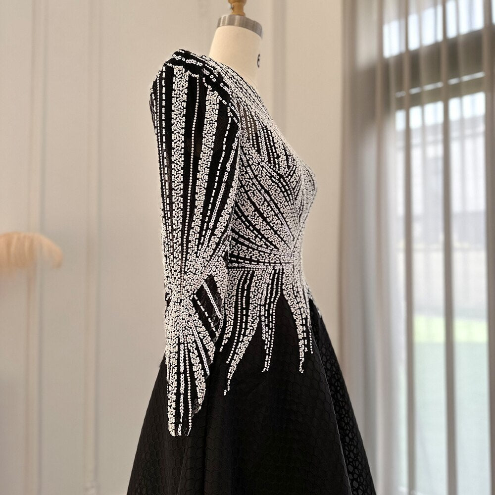 Luxury Black Long Sleeve A-Line Short Evening Dress SS212