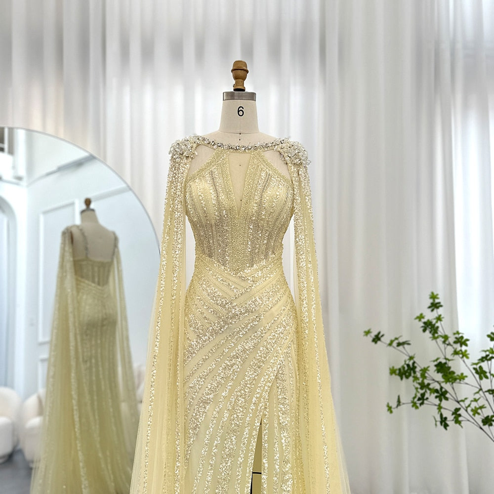 Luxury Crystal Lilac Evening Dress with Cape Sleeves SS203