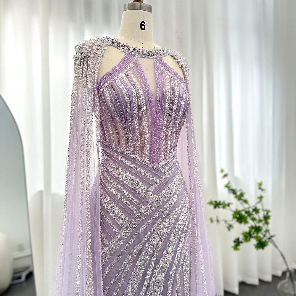 Luxury Crystal Lilac Evening Dress with Cape Sleeves SS203