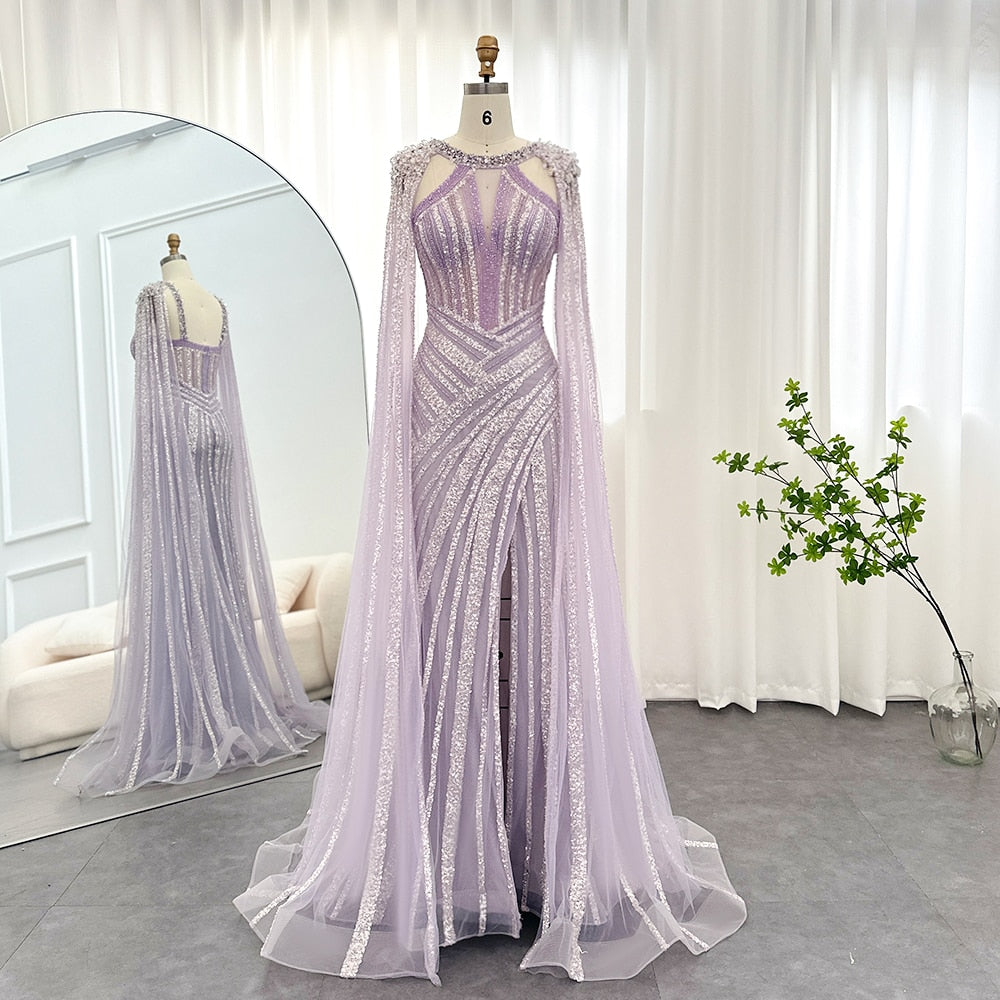 Luxury Crystal Lilac Evening Dress with Cape Sleeves SS203