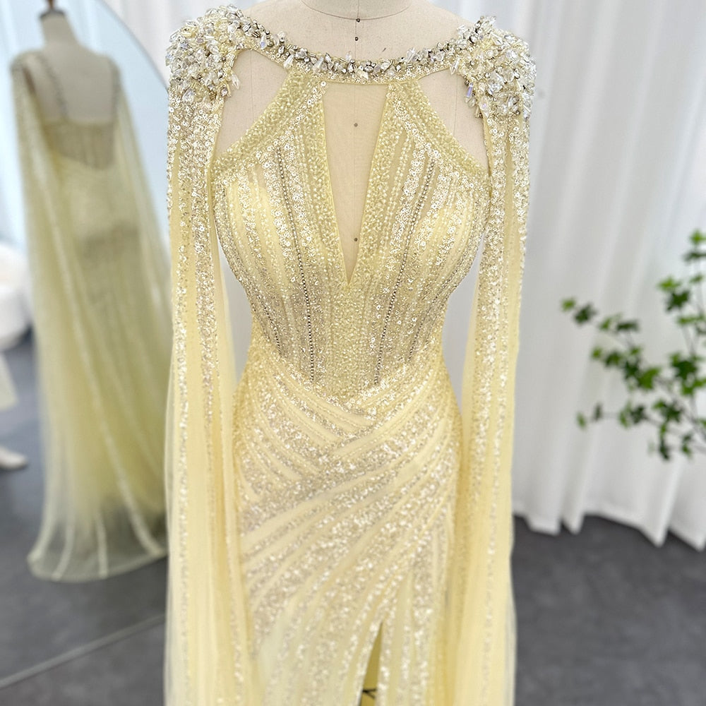 Luxury Crystal Lilac Evening Dress with Cape Sleeves SS203