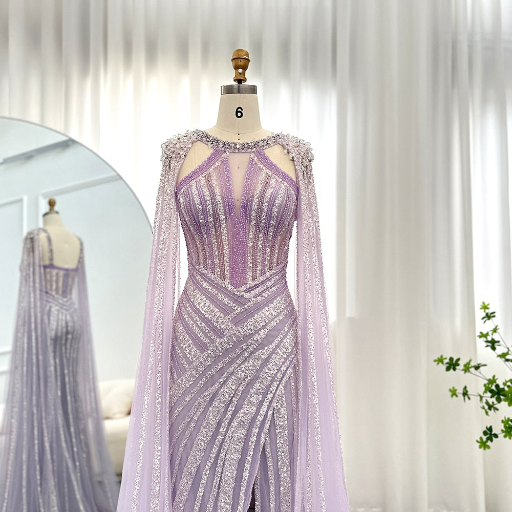 Luxury Crystal Lilac Evening Dress with Cape Sleeves SS203