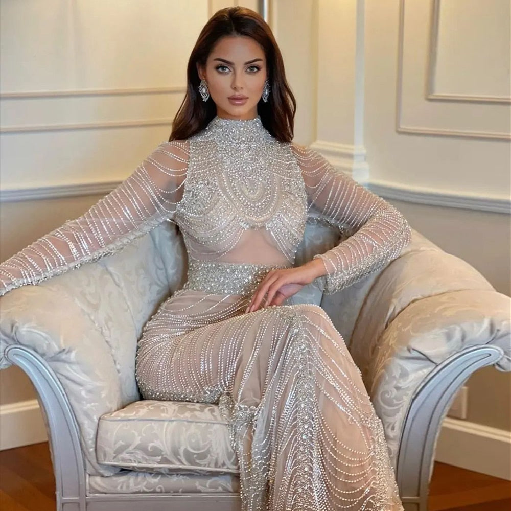 Luxury Crystal Grey Tassel Long Sleeves dEvening Dresses RM152