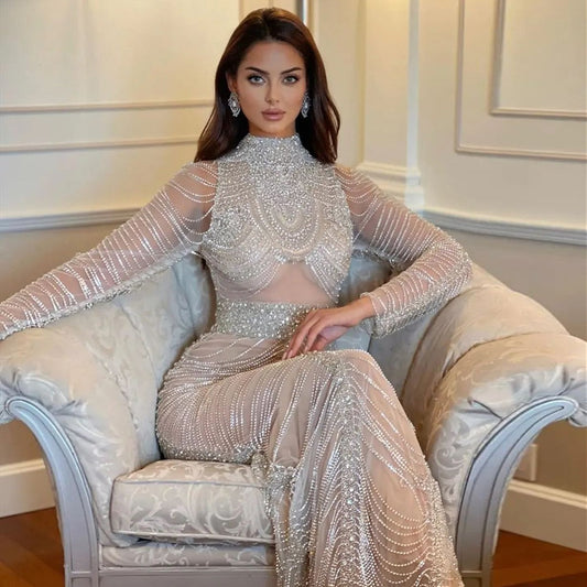 Luxury Crystal Grey Tassel Long Sleeves dEvening Dresses RM152