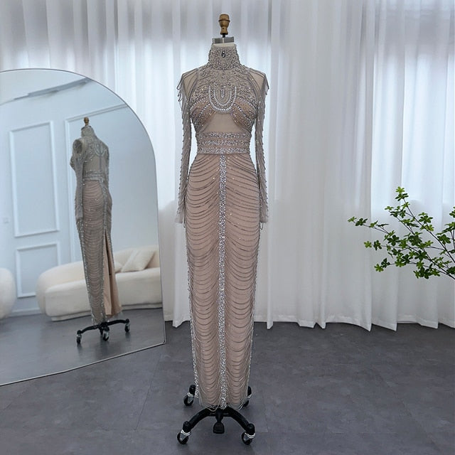 Luxury Crystal Grey Tassel Long Sleeves dEvening Dresses RM152