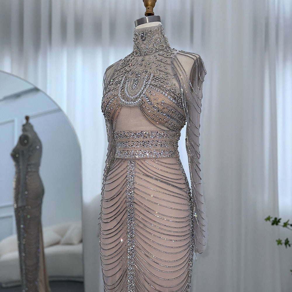 Luxury Crystal Grey Tassel Long Sleeves dEvening Dresses RM152