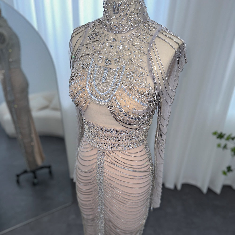 Luxury Crystal Grey Tassel Long Sleeves dEvening Dresses RM152