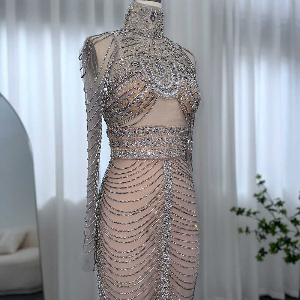 Luxury Crystal Grey Tassel Long Sleeves dEvening Dresses RM152