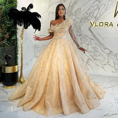 Luxury Ball Gown Gold One Shoulder Evening Dress SS359