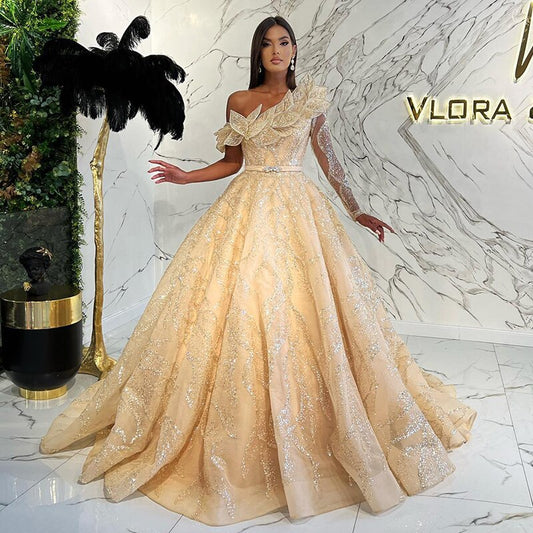 Luxury Beaded Gold One Shoulder Evening Dresses SS359