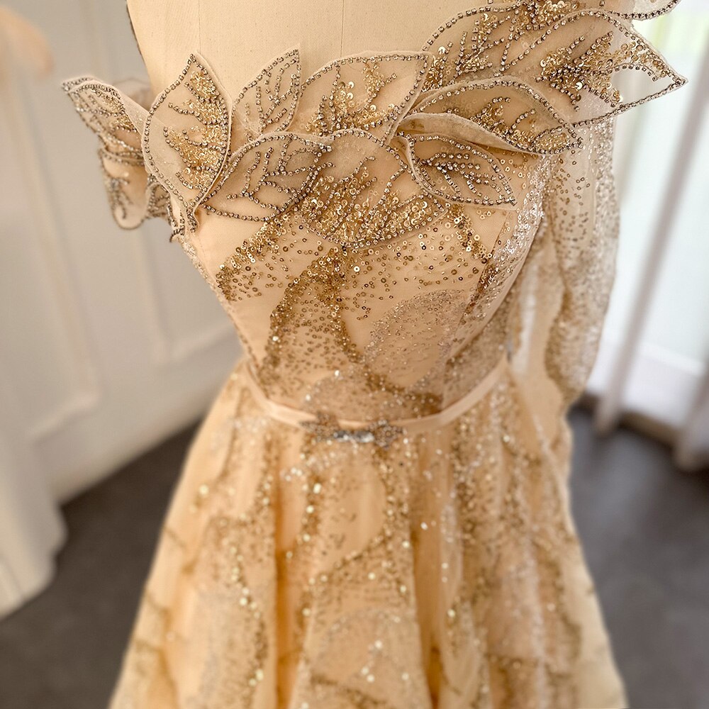 Luxury Beaded Gold One Shoulder Evening Dresses SS359