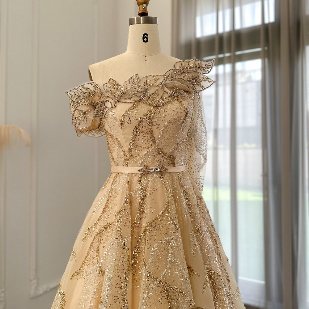 Luxury Beaded Gold One Shoulder Evening Dresses SS359