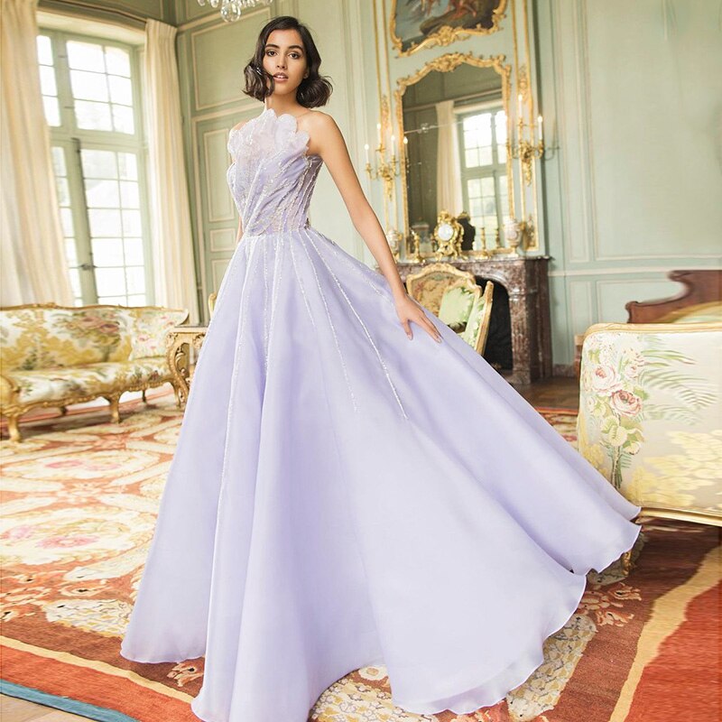 Luxury Beaded Lilac A-Line Strapless Evening Dress SS247