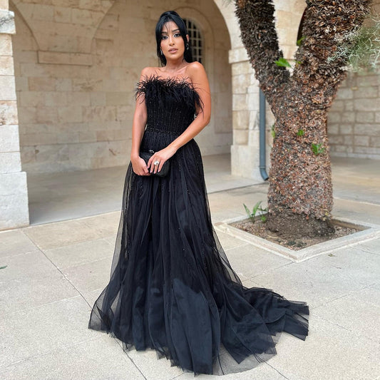 Luxury Black Feathers A-Line Evening Dresses SS401