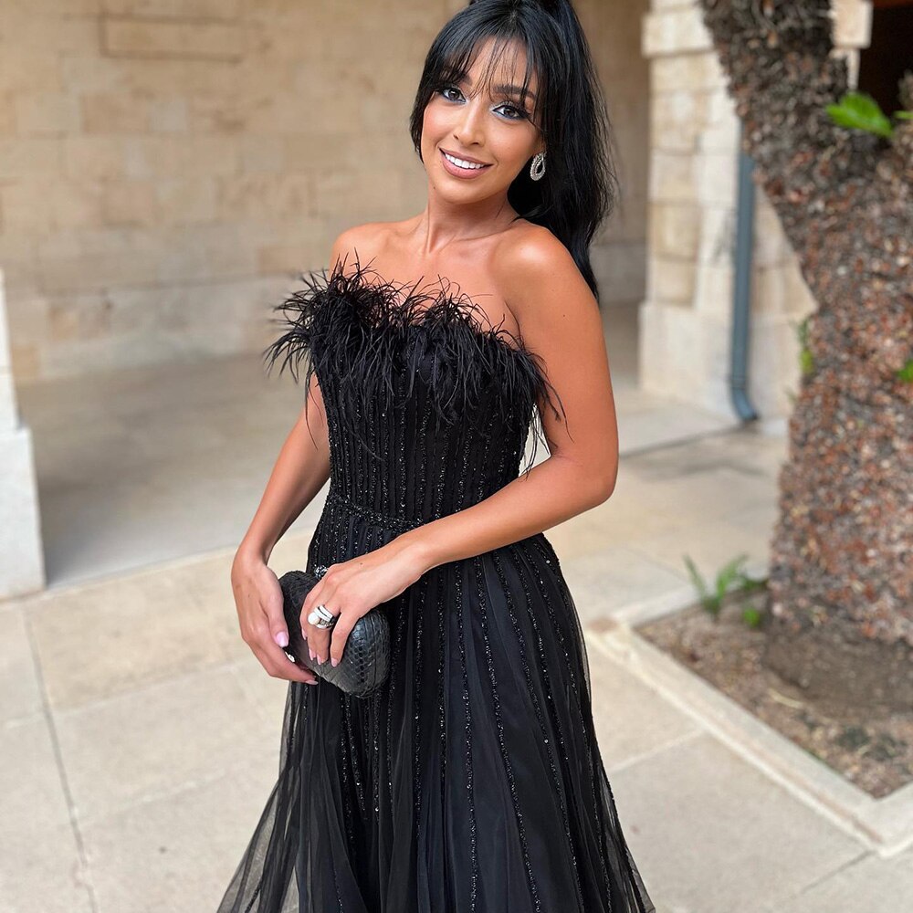 Luxury Black Feathers A-Line Evening Dresses SS401