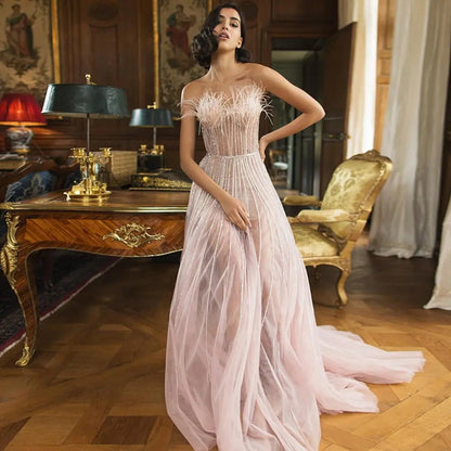 Luxury Pink Feathers Strapless Evening Dress SS401