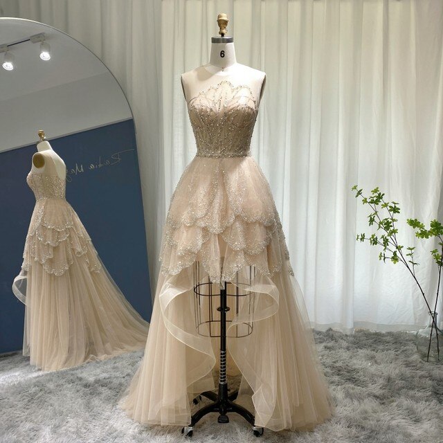 Luxury Champagne A-Line Tiered High Low Evening Dress SS249