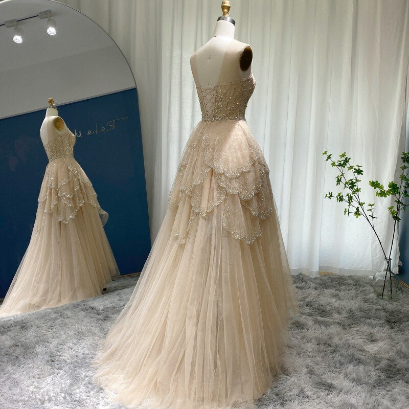 Luxury Champagne A-Line Tiered High Low Evening Dress SS249