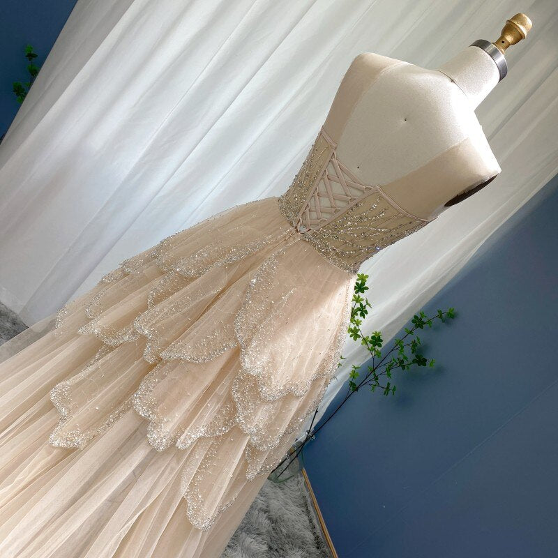 Luxury Champagne A-Line Tiered High Low Evening Dress SS249