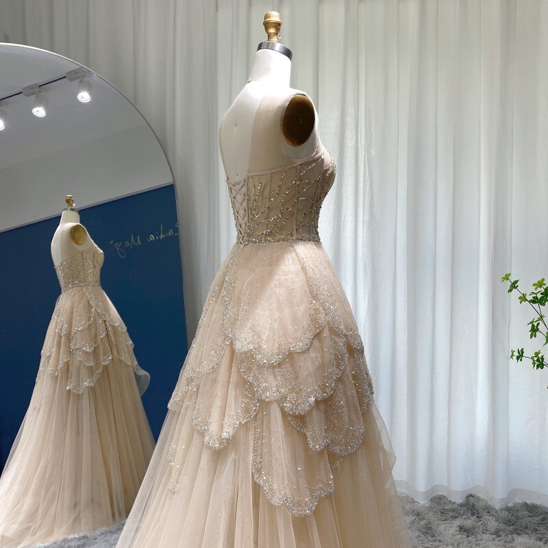 Luxury Champagne A-Line Tiered High Low Evening Dress SS249