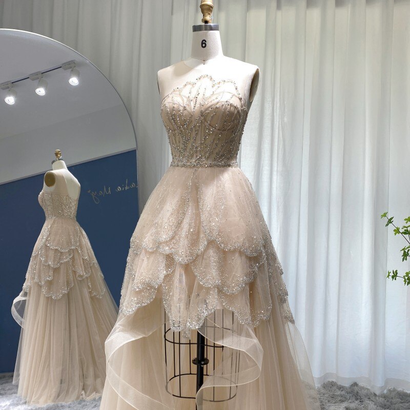 Luxury Champagne A-Line Tiered High Low Evening Dress SS249