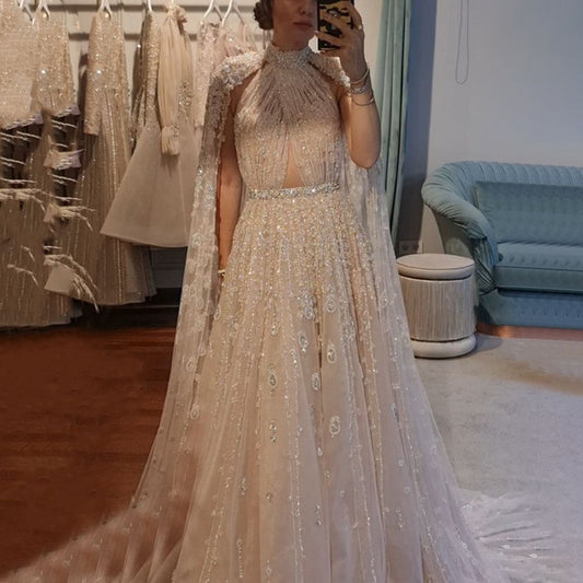 Luxury Beaded Beige Evening Dress with Cape Sleeve SS495